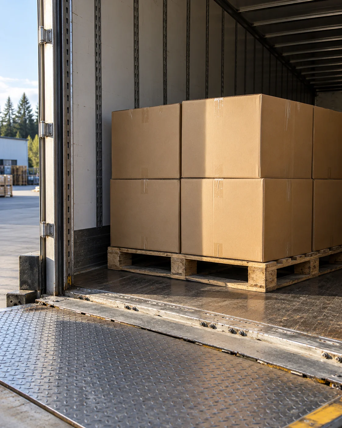 Illustrative open freight trailer with plain carton pallets and a loading dock threshold