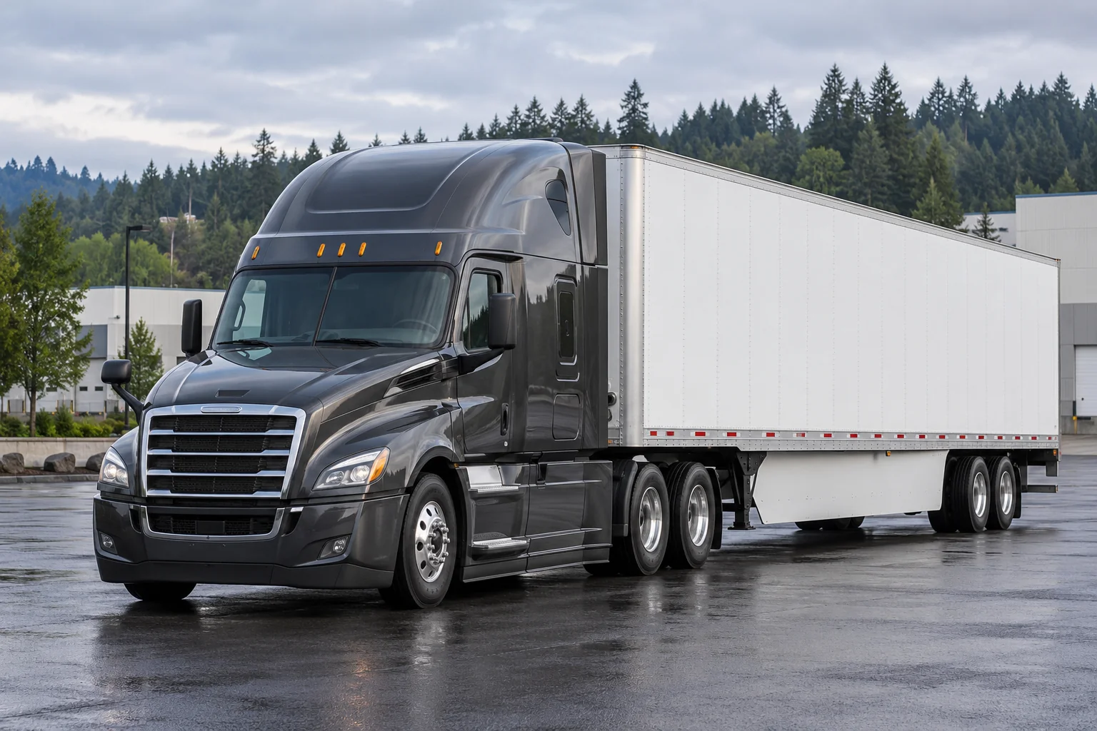Illustrative American tractor-trailer at a western Washington freight terminal
