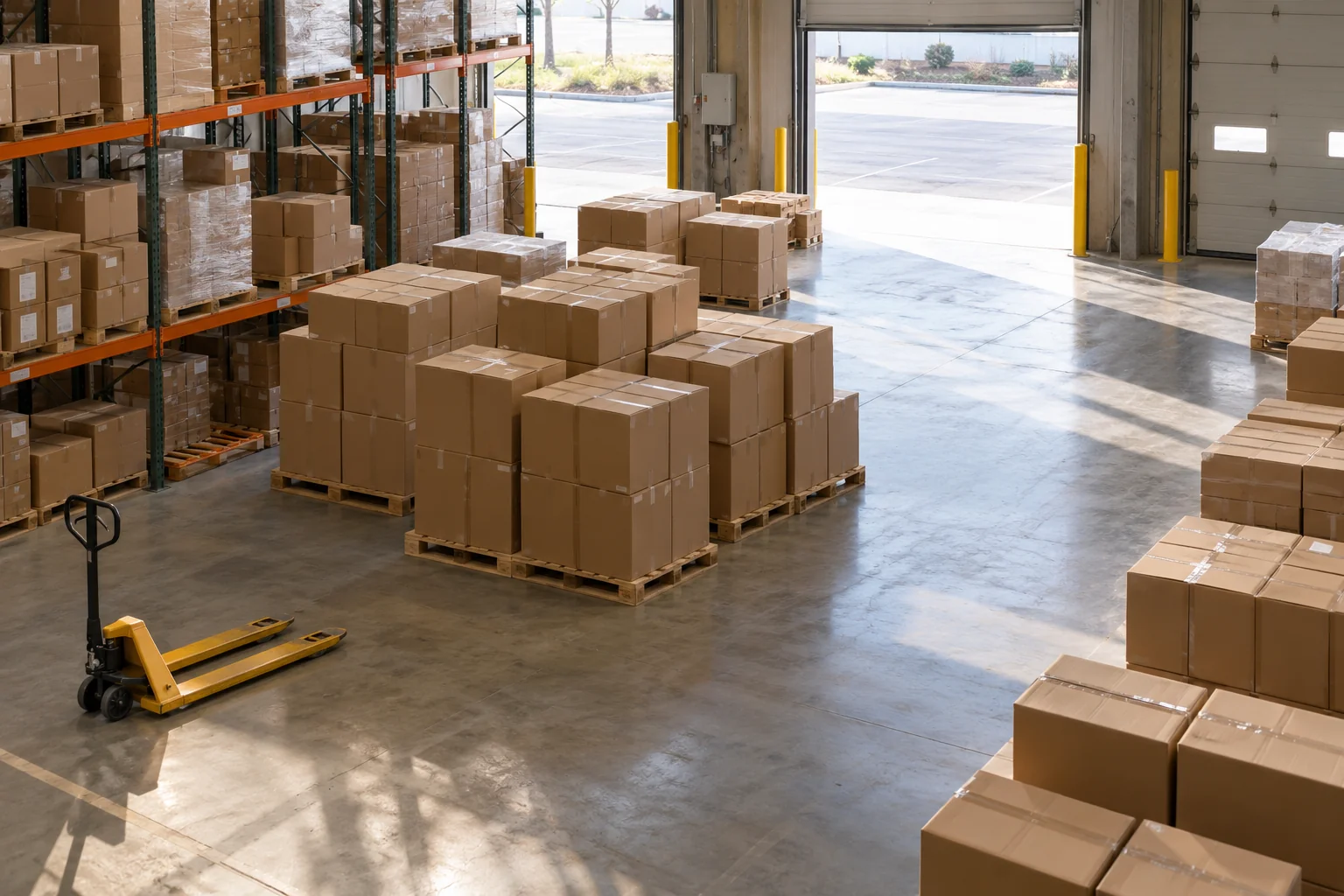 Illustrative warehouse receiving space with plain carton pallets and a manual pallet jack